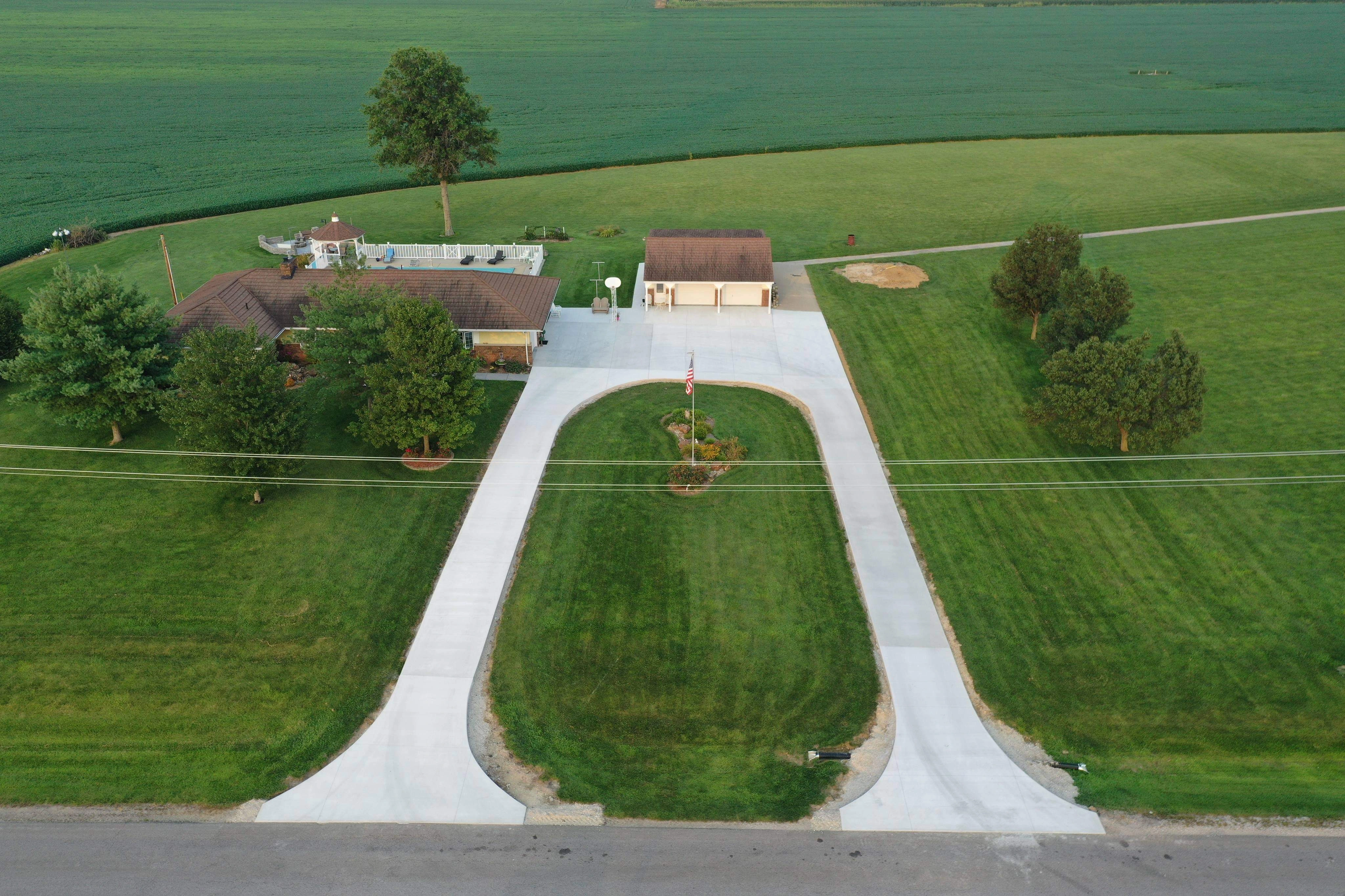 Aerial view of circular concrete driveway