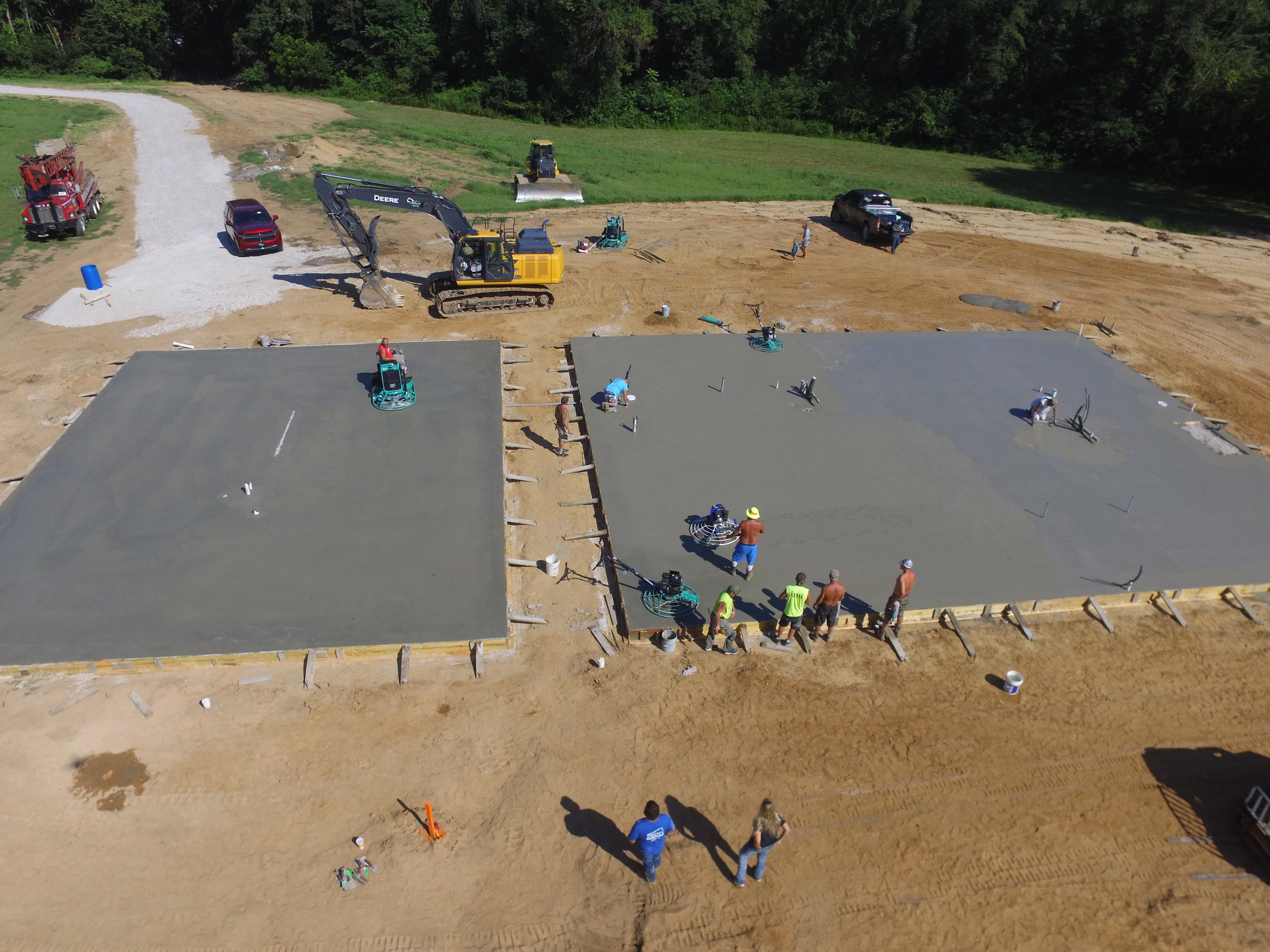 Aerial view of crew pouring large foundation slabs